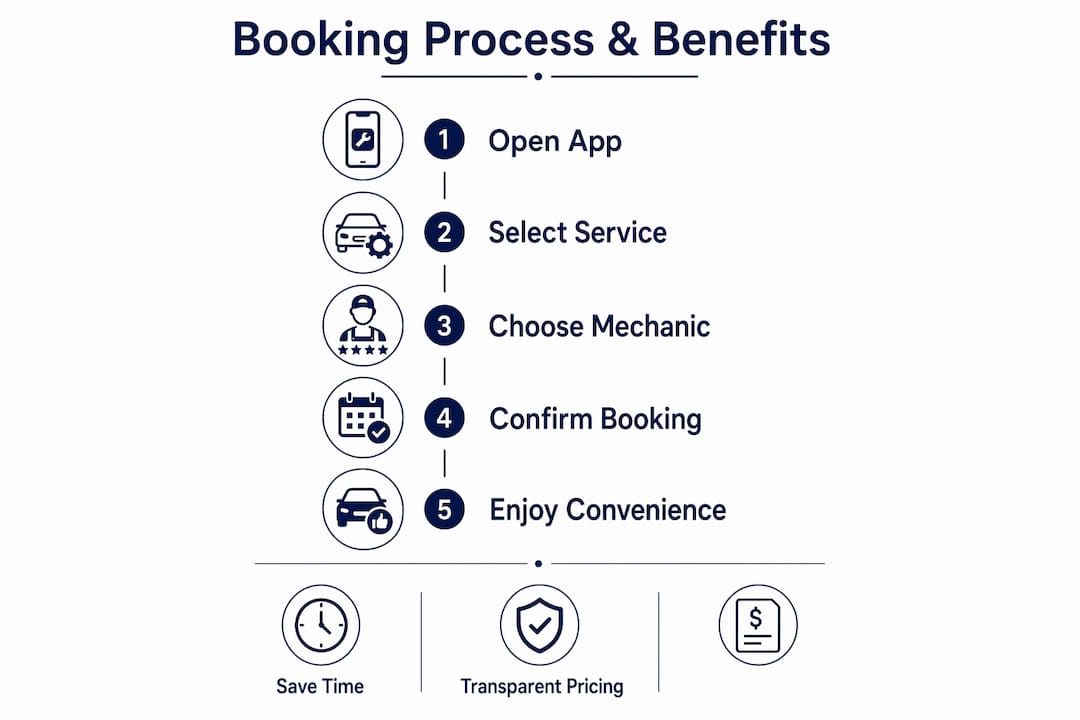 Infographic illustrating app-based booking steps and benefits