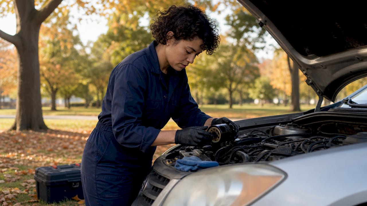 Female mechanic changing oil on SUV roadside