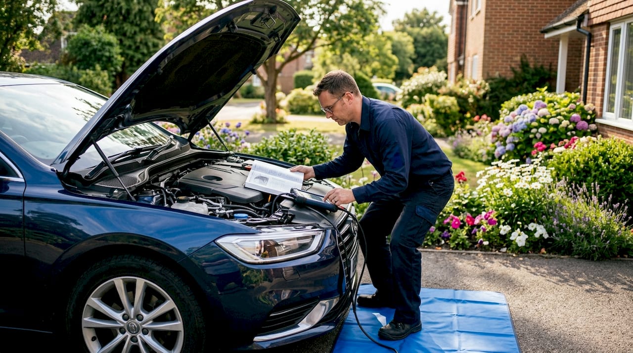 Hands operating bidirectional scan tool inside car