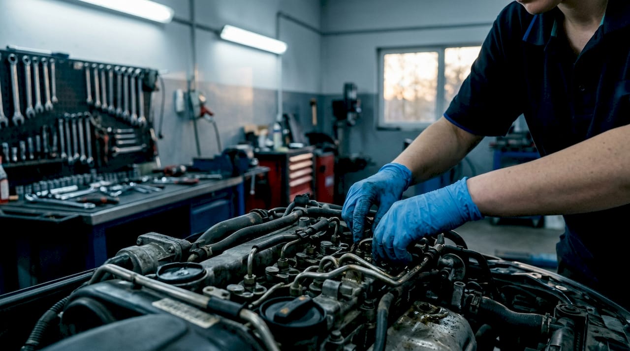 Hands holding scanner inspecting vehicle engine
