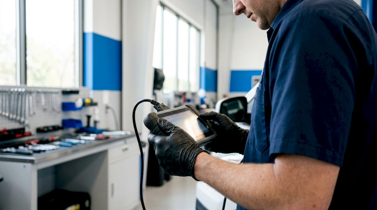 Mechanic using diagnostic scanner inside garage