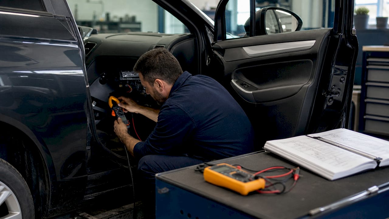 Hands using clamp ammeter on car wiring