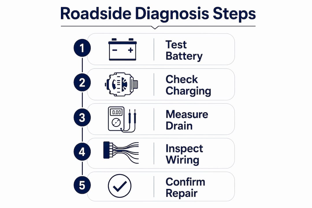 Infographic showing steps to diagnose car electrical faults roadside