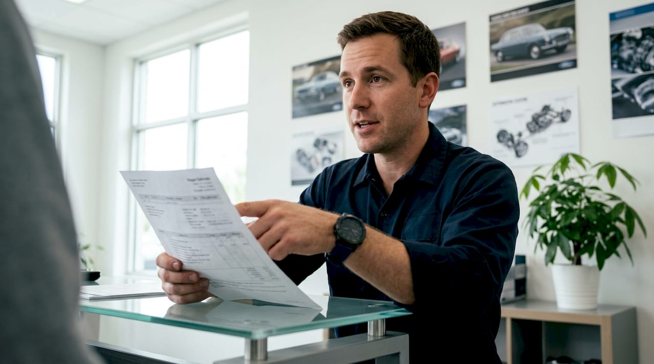 Mechanic explaining an itemized repair estimate