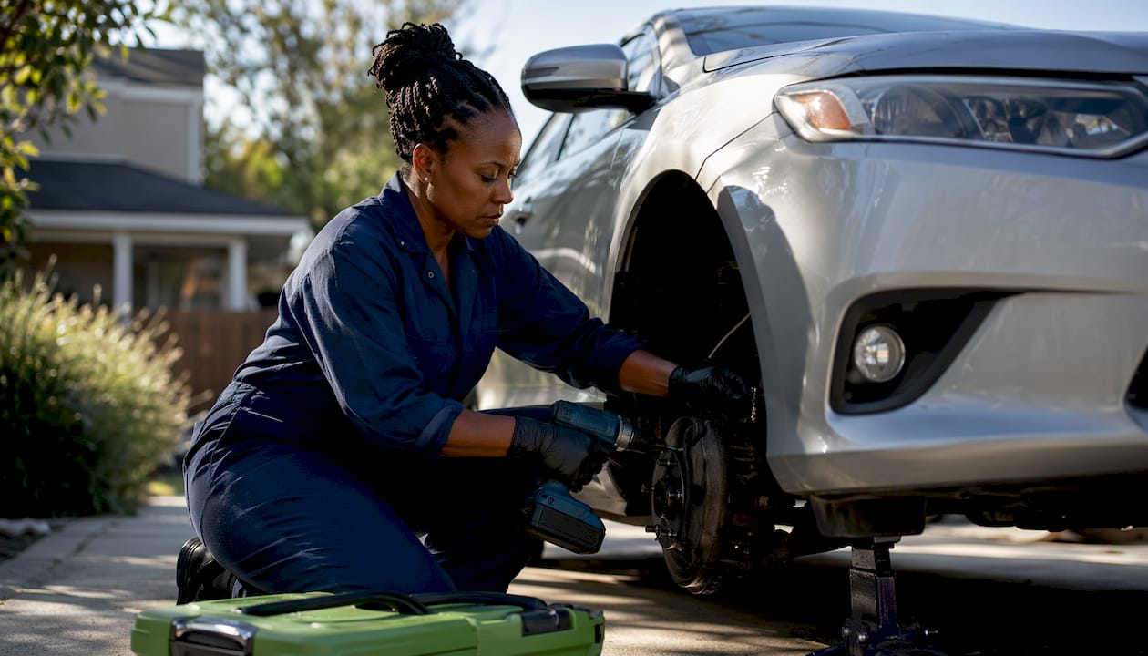 Mobile mechanic servicing car onsite in workplace parking