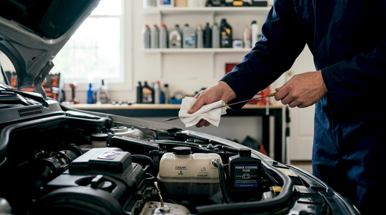 Hands inspecting car fluid levels under hood