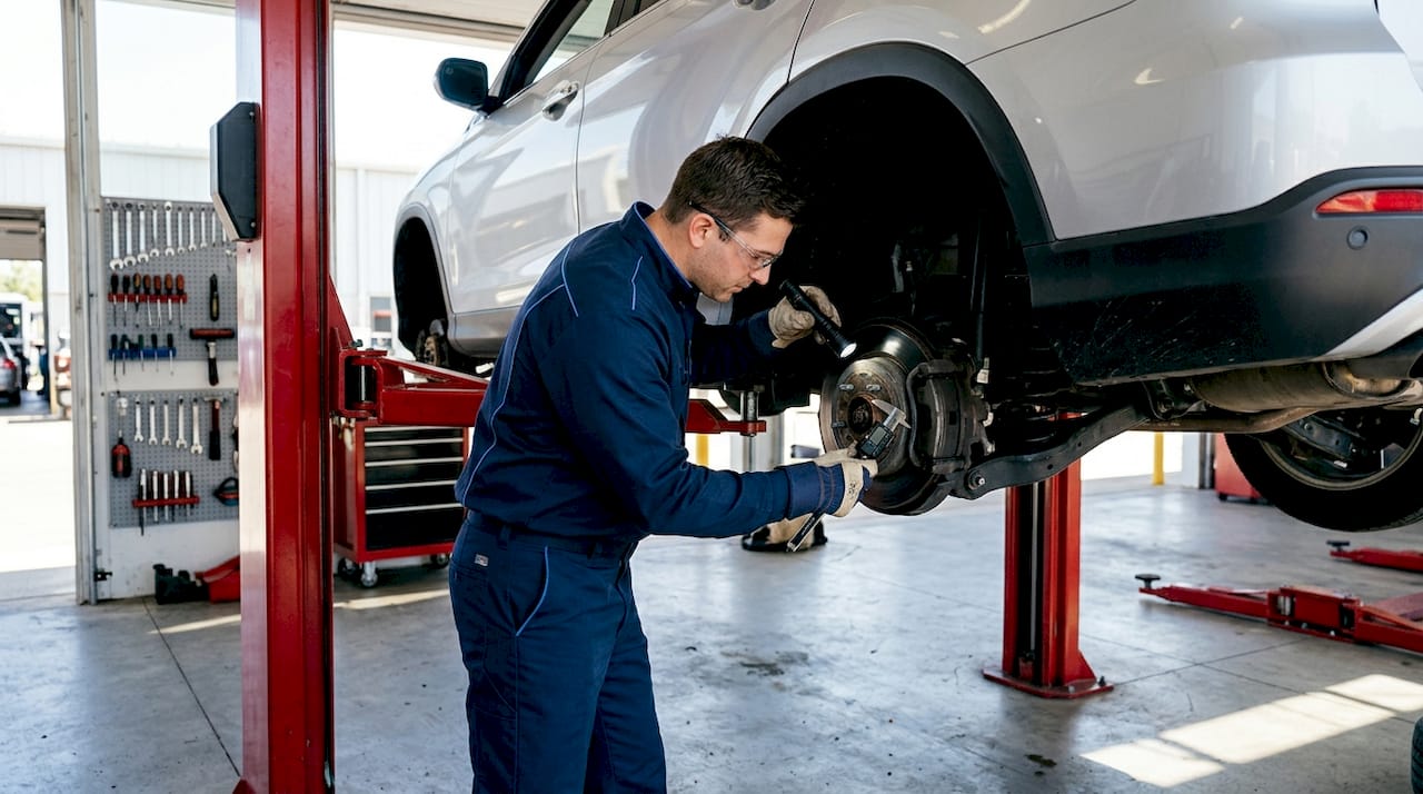 Mechanic inspecting car brakes in shop