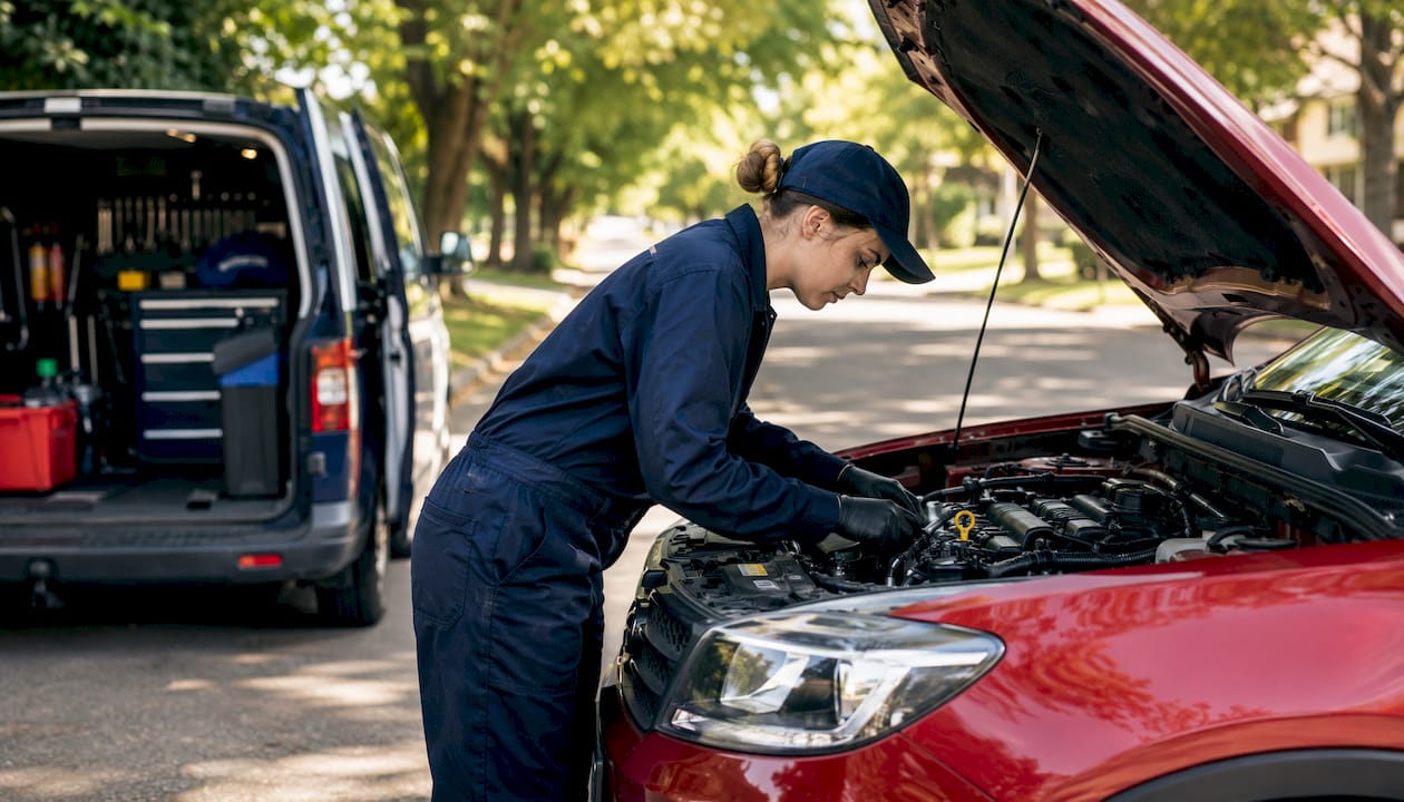Female mechanic working on SUV engine outdoors