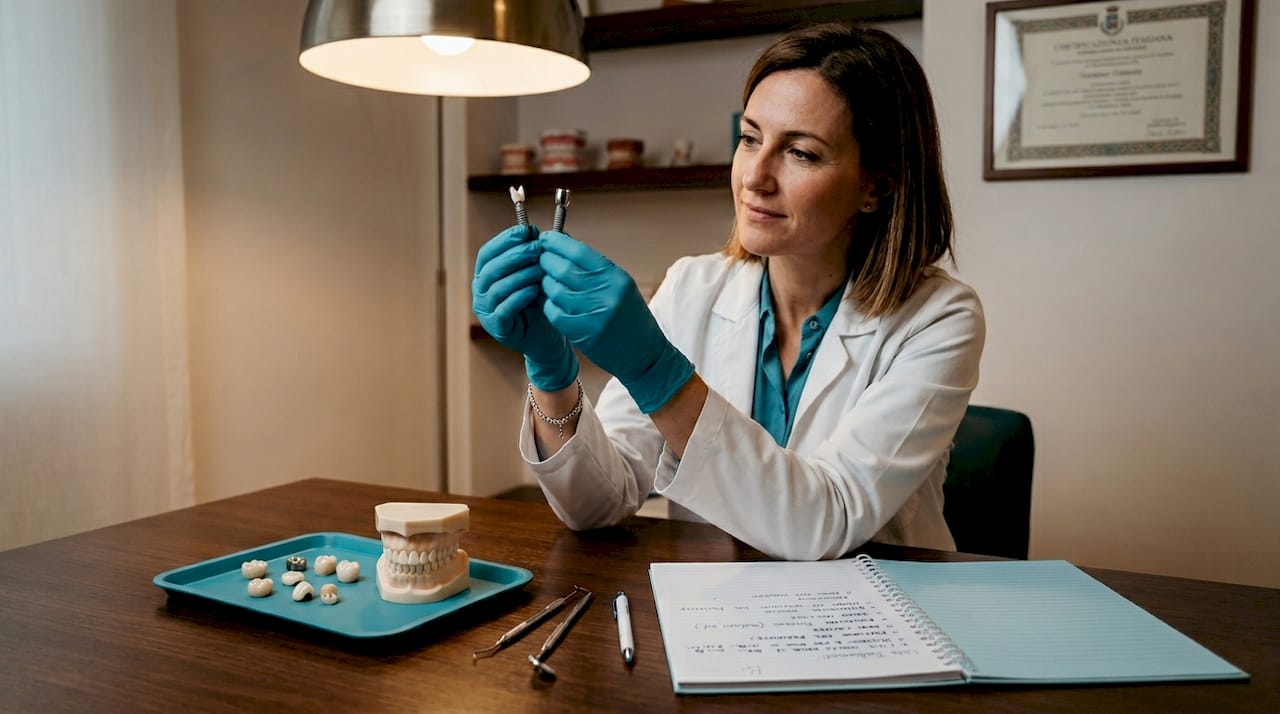 Confronto tra i materiali utilizzati per gli impianti dentali: il dentista valuta le diverse opzioni per trovare la soluzione più adatta a ciascun paziente, analizzando vantaggi e svantaggi di ogni materiale.