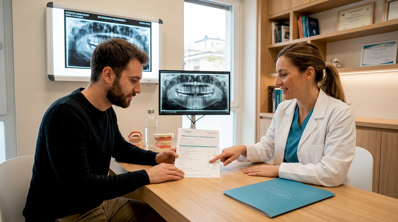 Paziente e dentista valutano insieme le diverse soluzioni economiche per le cure dentali.