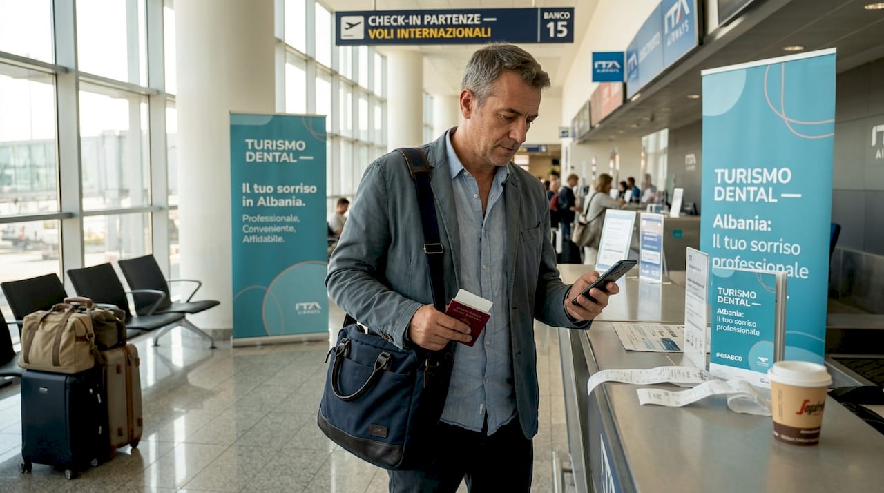Uomo in partenza dall’aeroporto di Tirana, pronto per un viaggio dedicato alle cure dentistiche.