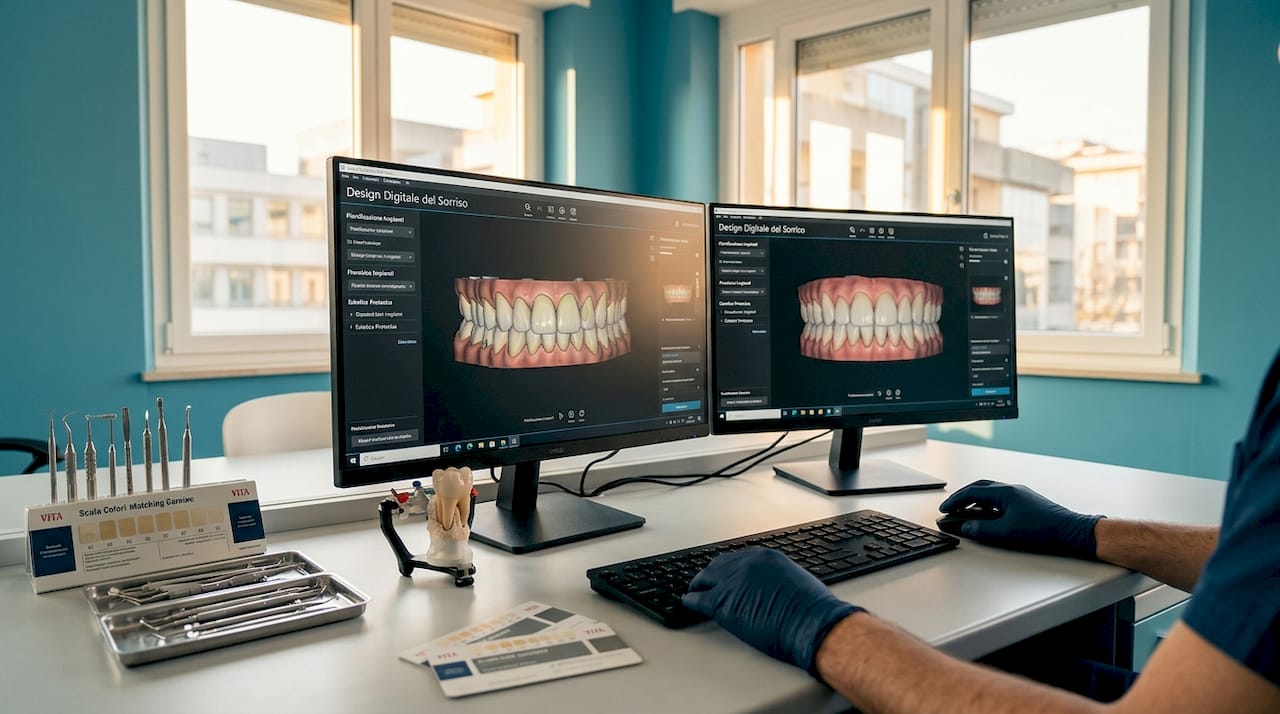 Tecnico dentale che progetta il sorriso digitale con software avanzati