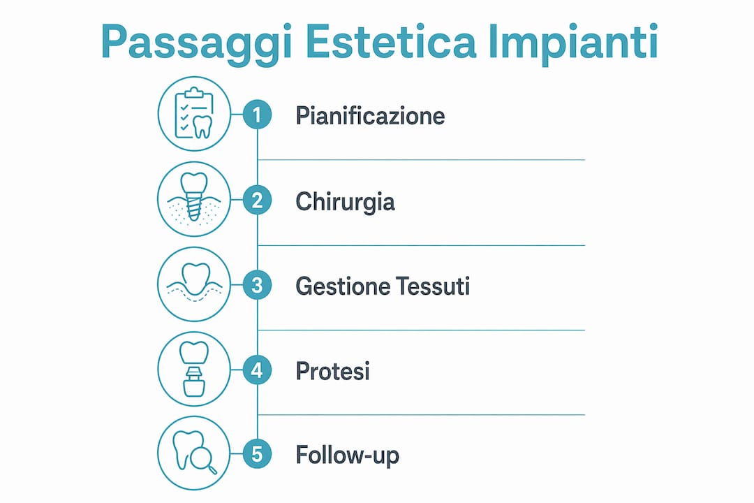 Infografica che illustra le fasi fondamentali per ottenere un sorriso estetico con gli impianti dentali
