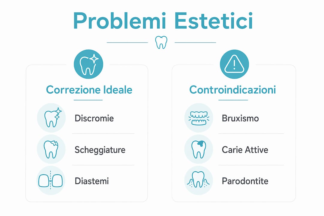 Infografica: confronto tra i principali difetti estetici dentali e le soluzioni offerte dalle faccette
