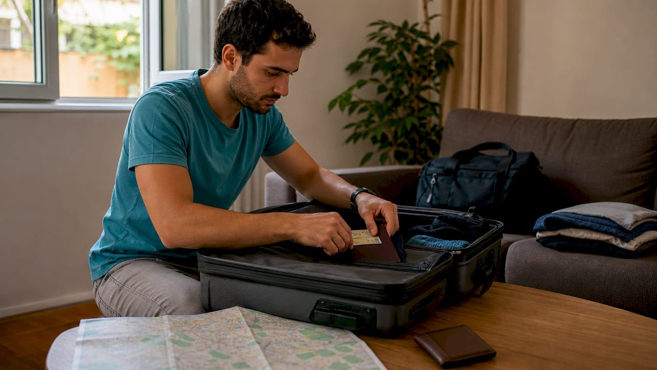 Un uomo sistema passaporto e carta d’identità nello zaino prima di partire.