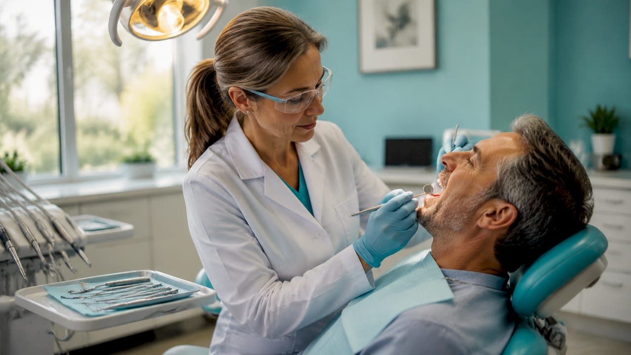 Il dentista effettua un controllo sull’impianto dentale durante la visita in studio.