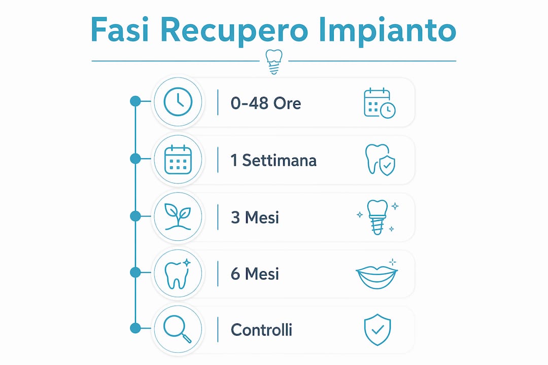 Scopri tutte le tappe del percorso di recupero dell’impianto dentale illustrate in una pratica timeline verticale.