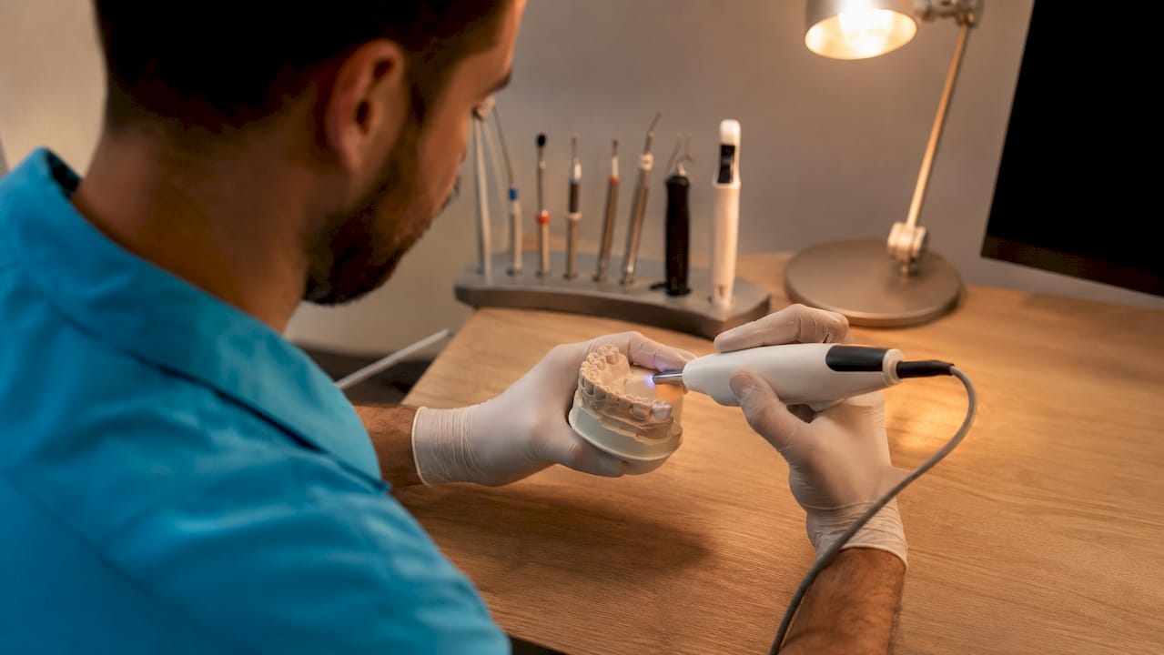 Le mani del dentista mentre utilizza uno scanner digitale su un modello dentale