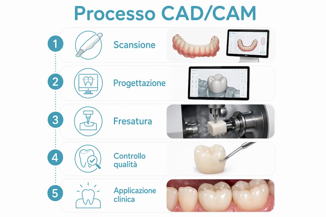Schema illustrativo del flusso di lavoro CAD/CAM in odontoiatria