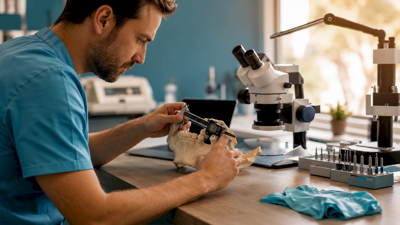 Un operatore esegue misurazioni su un modello osseo per la pianificazione di un impianto dentale.