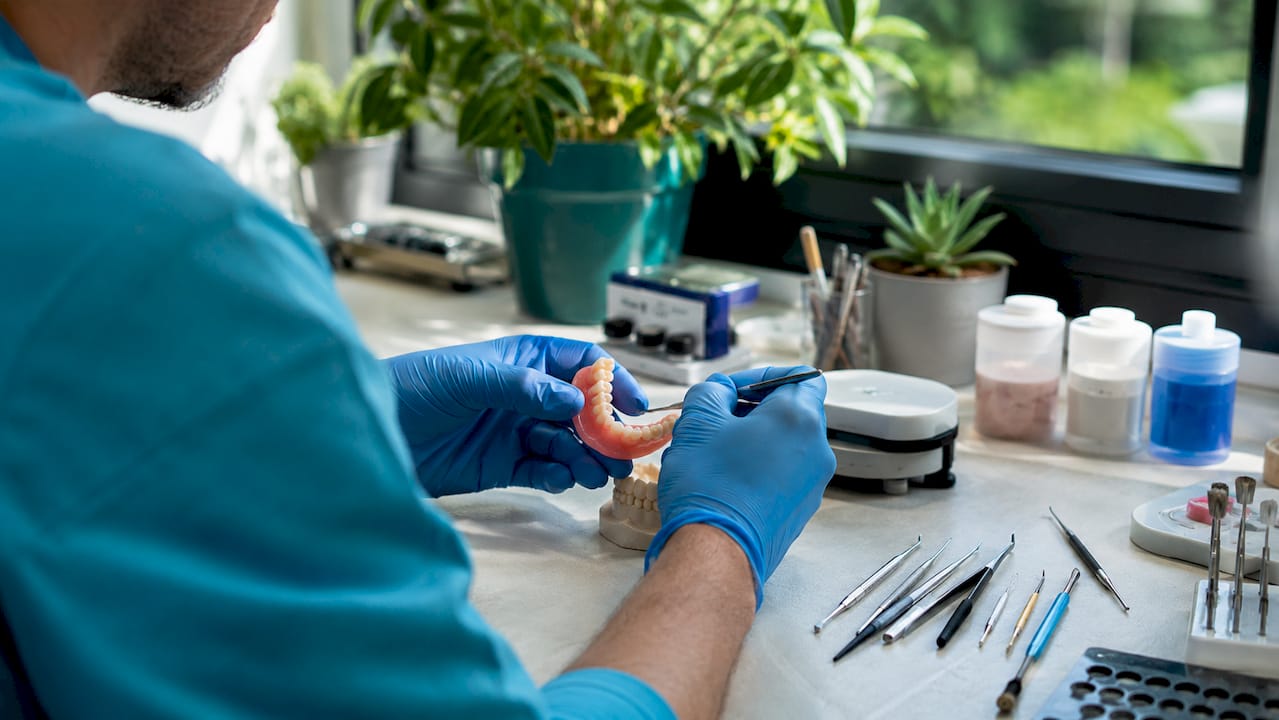 Le mani esperte dell’odontotecnico mentre modellano una protesi dentale