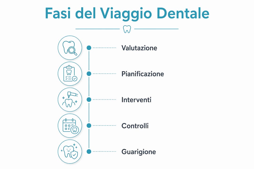 Le tappe principali di un viaggio odontoiatrico, illustrate in un’infografica