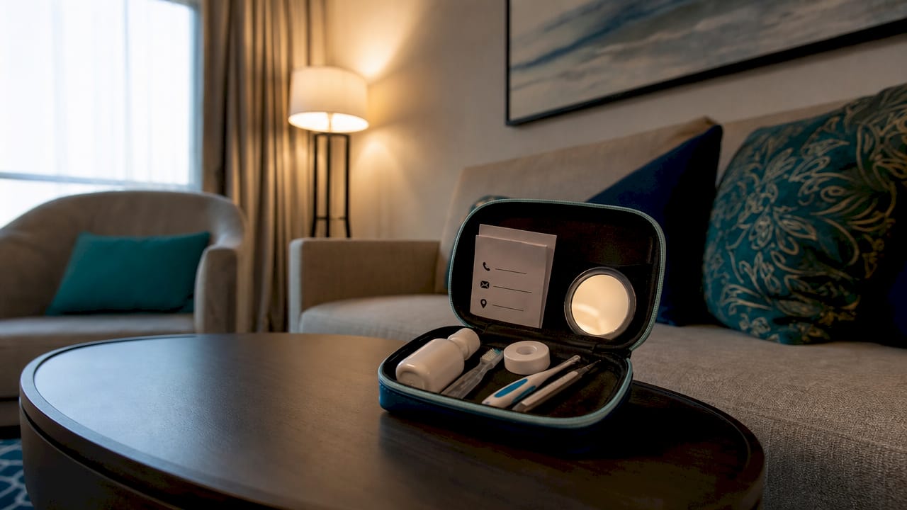 Kit di pronto soccorso dentale da viaggio appoggiato sul tavolo della camera d'albergo