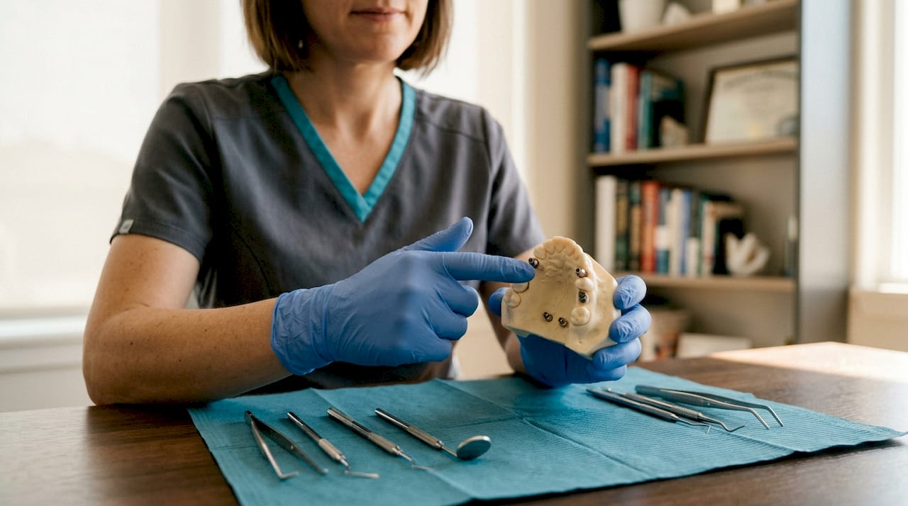 Mani di un dentista che mostrano un modello di mascella con impianti dentali
