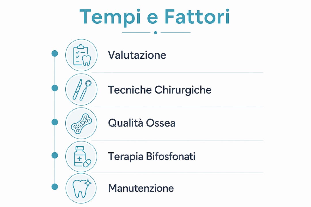Infografica che illustra le fasi di integrazione degli impianti nei pazienti con osteoporosi