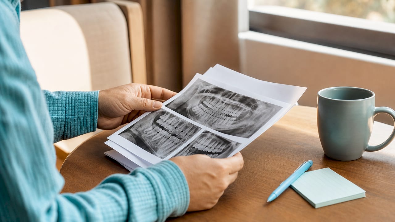 Mani che sistemano radiografie dentali e documenti clinici
