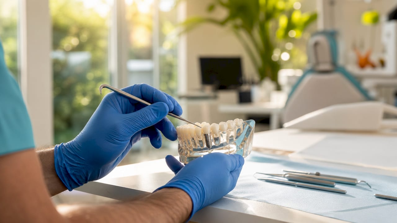 Mani che illustrano il funzionamento di un impianto dentale