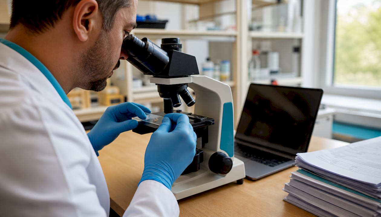 Un ricercatore analizza al microscopio la superficie di un impianto in titanio.