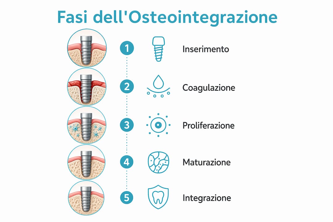 Grafico illustrativo delle diverse tappe del processo di osteointegrazione