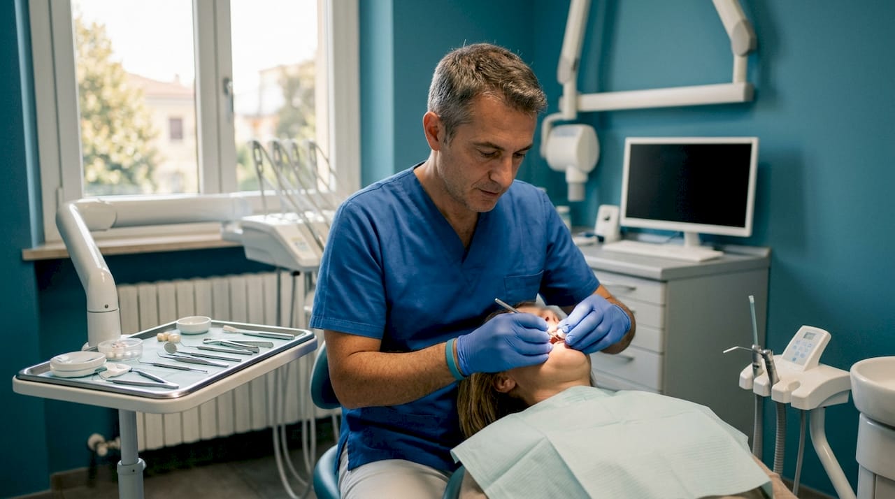 Il dentista applica una corona dentale a un paziente