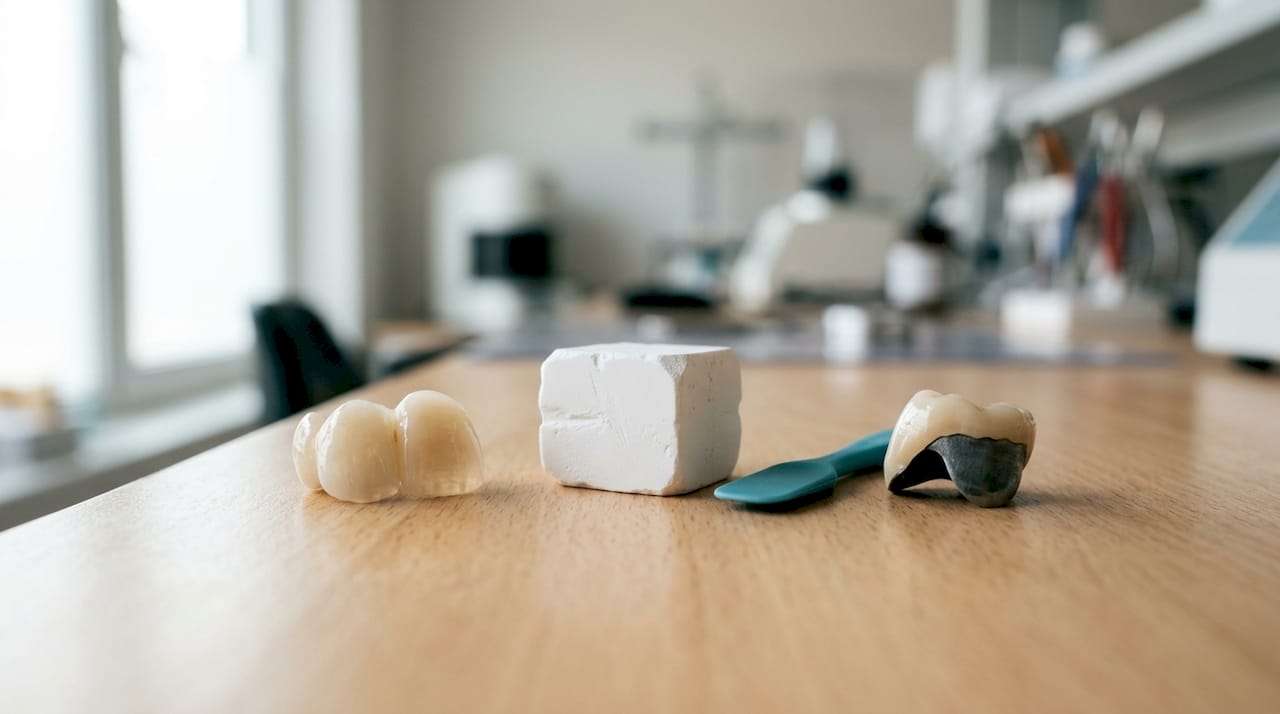 Esempi di materiali per corone implantari disposti su un tavolo bianco