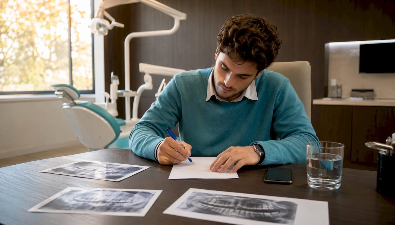 Un uomo annota delle domande mentre osserva delle radiografie sul monitor.