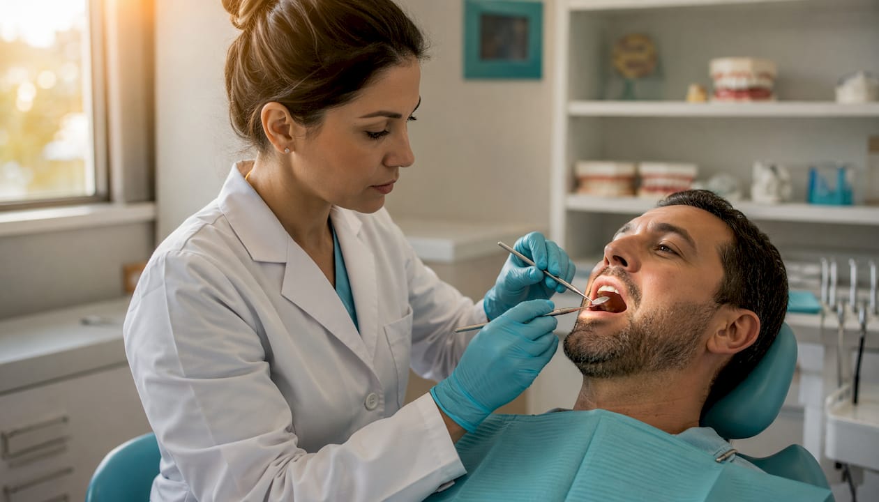 Una dentista effettua un controllo per individuare eventuali segnali di problemi ai denti.