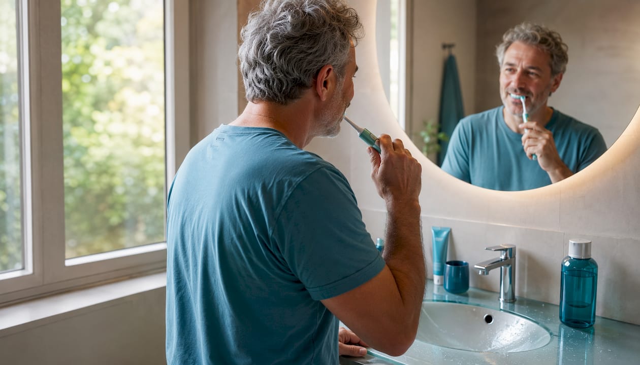 Dettaglio di mani che lavano i denti con lo spazzolino in bagno.