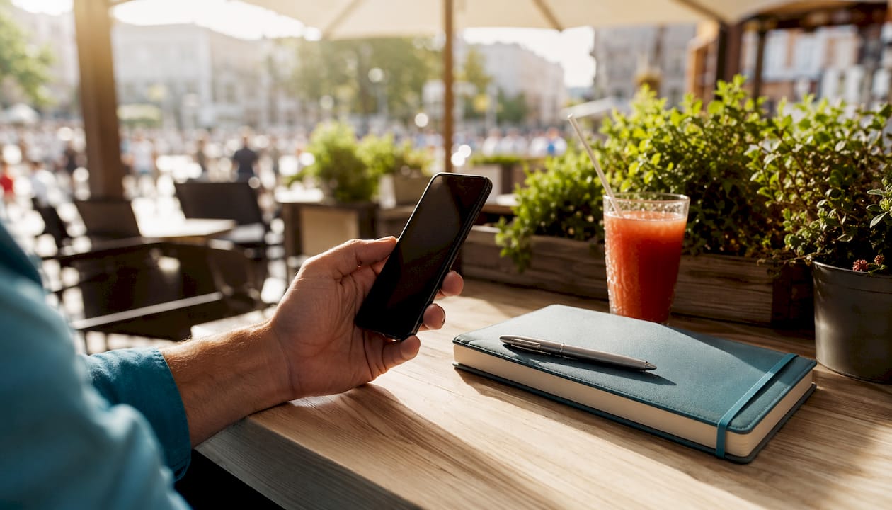 Una mano tiene uno smartphone e un taccuino dove sono annotati i numeri di emergenza.