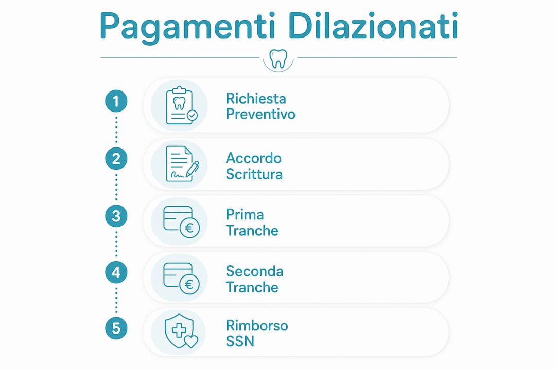 Infografica che illustra, passo dopo passo, come funziona il pagamento a rate per le cure dentistiche.