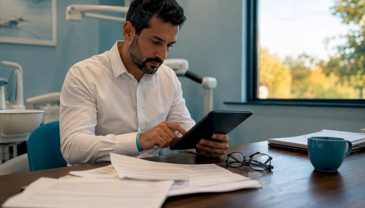 Un uomo controlla una fattura sanitaria digitale con le proprie mani.