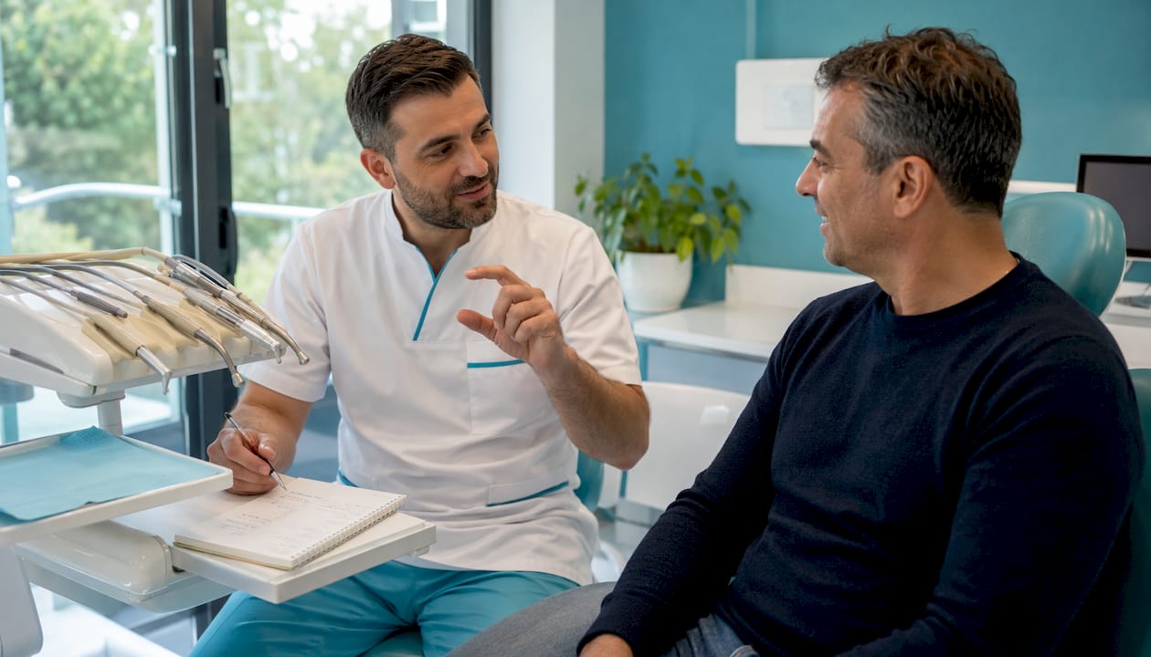 Mani del dentista che mostrano come si pronuncia una parola
