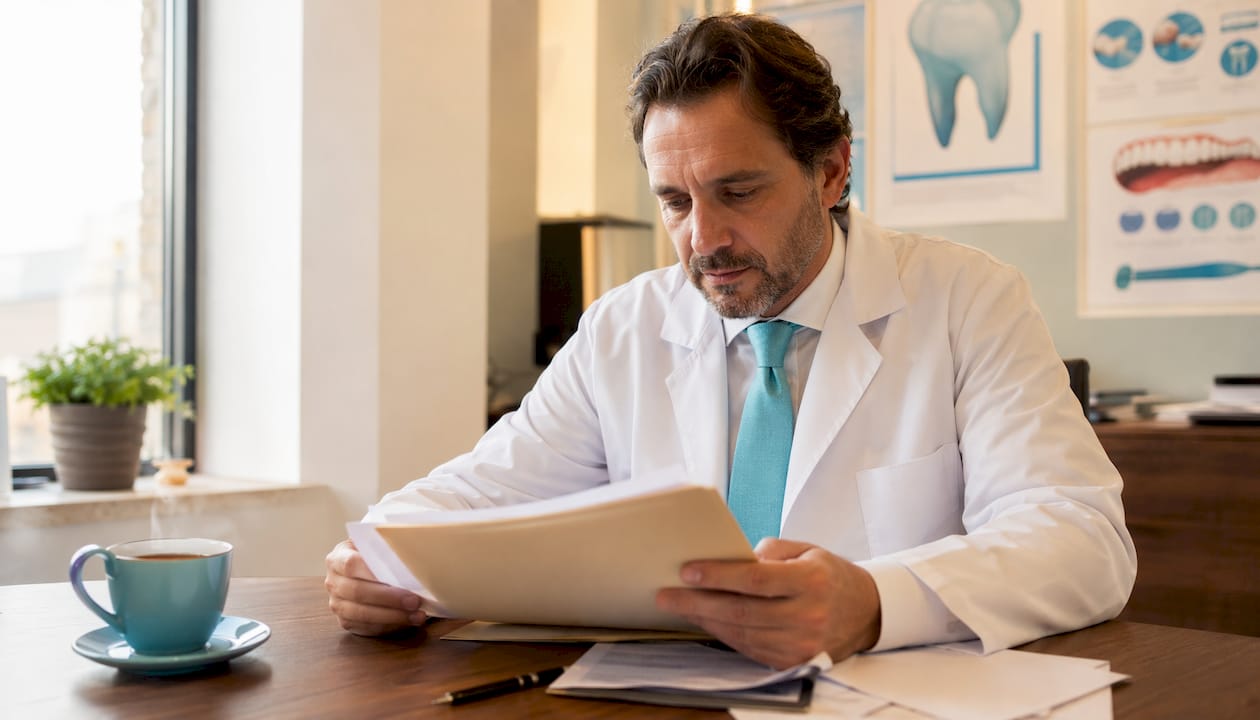 Il dentista controlla i documenti relativi al follow-up dopo l’intervento, assicurandosi che tutto sia in ordine per il percorso post-operatorio del paziente.