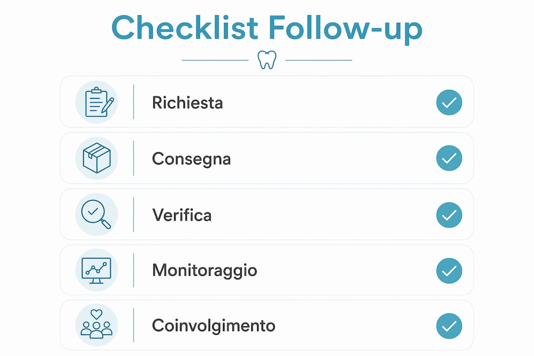 Infografica con elenco di 5 semplici step per un follow-up odontoiatrico efficace