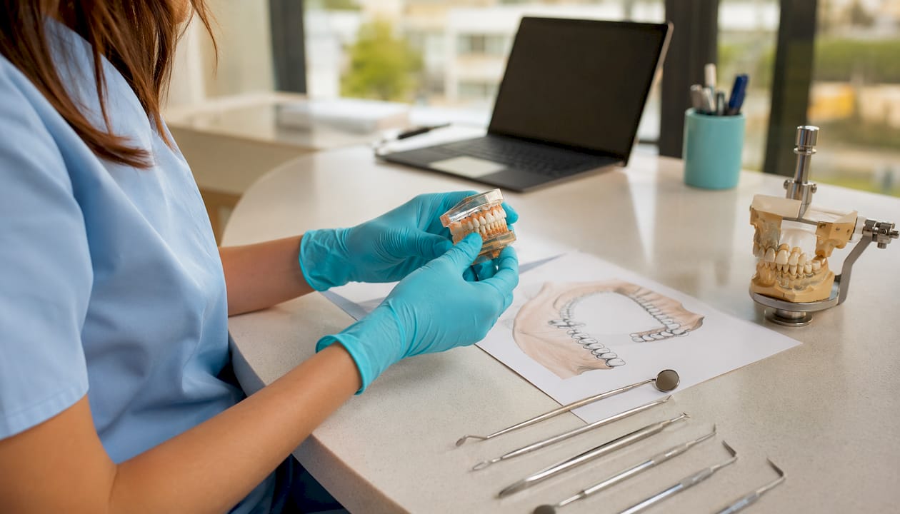 Un operatore tiene in mano un modello dentale all’interno di una clinica a Tirana.