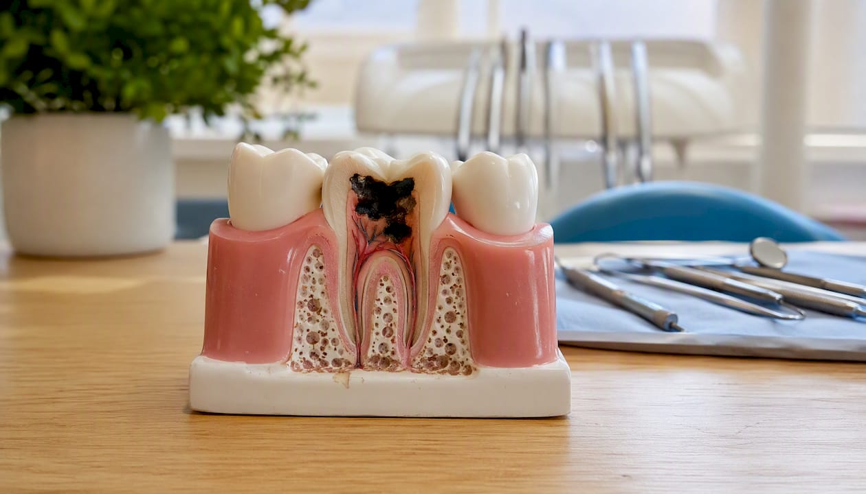Modello odontoiatrico che mostra una carie avanzata