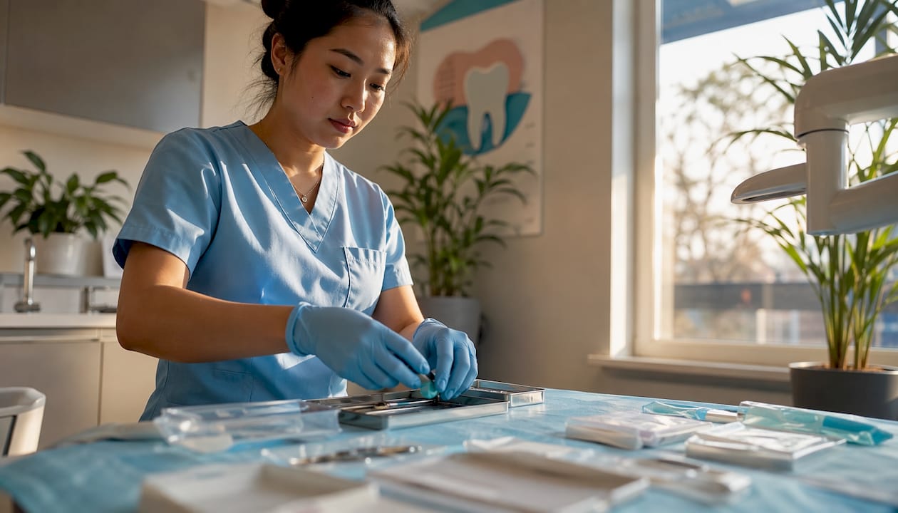 L’assistente alla poltrona si occupa della preparazione dei materiali necessari per le otturazioni.