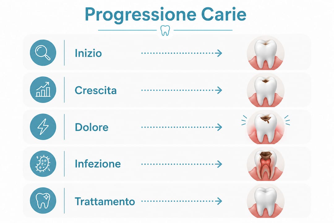 Scopri come si sviluppa la carie: una panoramica visiva sulle varie fasi dell’insorgere e dell’evoluzione della carie dentale.