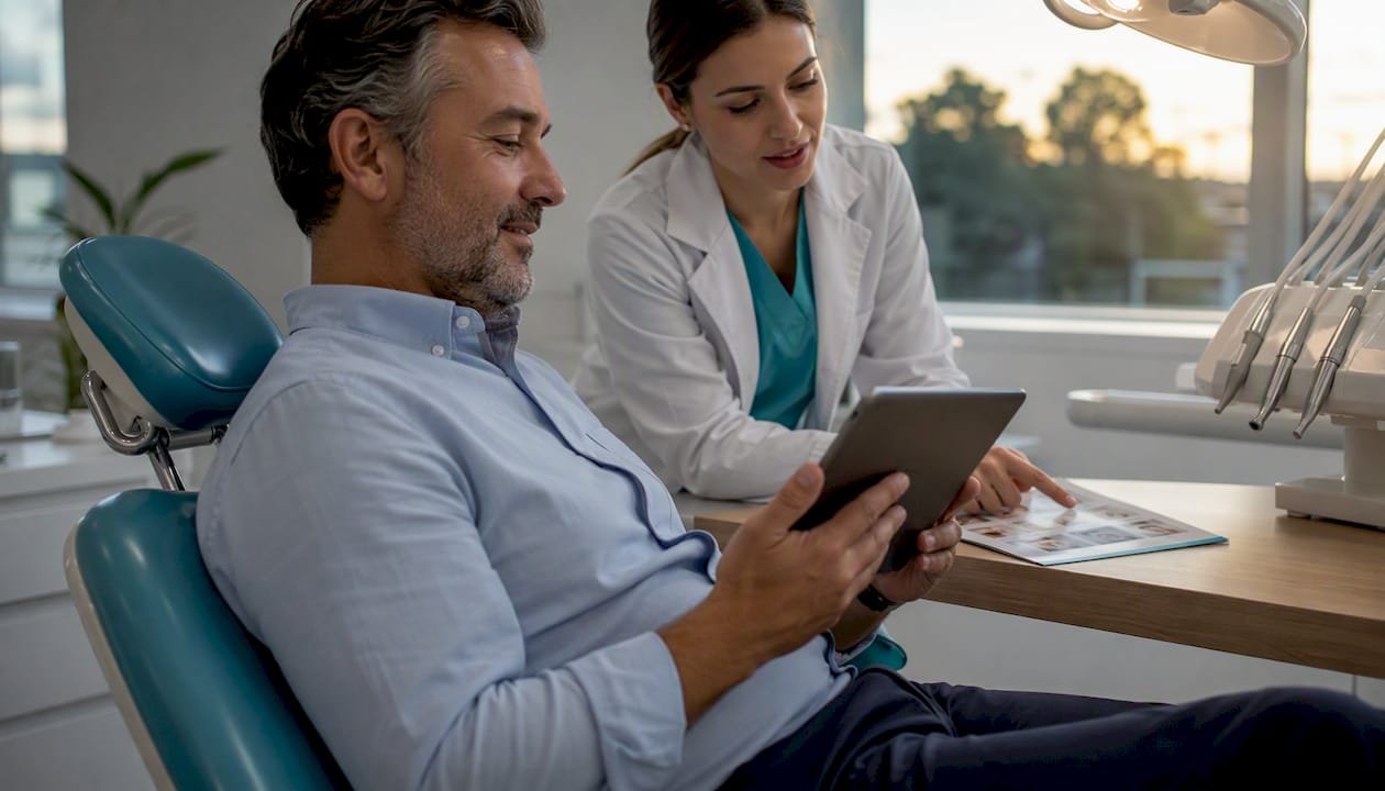 Il paziente si informa sulle diverse soluzioni e sui costi degli impianti dentali durante la consulenza.
