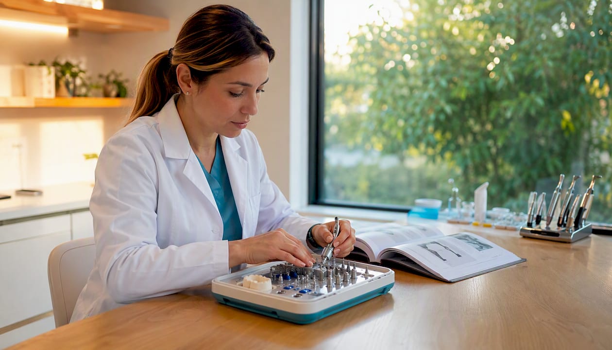 Il dentista si occupa dell’inserimento di un impianto molare presso lo studio.